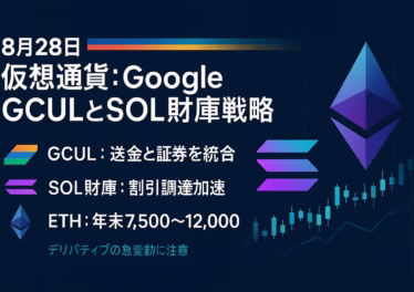 8月28日 仮想通貨:Google GCULとSOL財庫戦略 13 2025-08-28 JST。GCULは銀行マネーと証券清算を統合するL1構想、SOL財庫は15%割引LOIで調達加速。ETH年末目標7,500〜12,000ドル、XPL清算は約1,767万ドル。