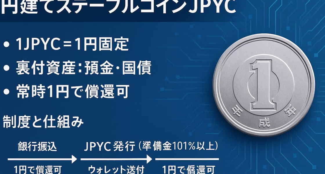 金融庁が2025/08、JPYC社の円建ステーブルコインを初承認。1JPYC＝1円、裏付け資産は銀行預金＋国債、発行目標は3年で1兆円。