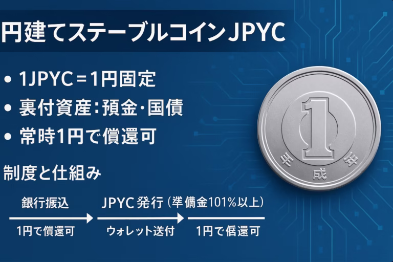 金融庁が2025/08、JPYC社の円建ステーブルコインを初承認。1JPYC＝1円、裏付け資産は銀行預金＋国債、発行目標は3年で1兆円。