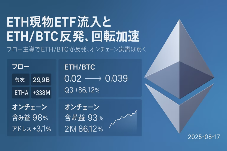 ETH現物ETF週次流入29.1億ドル、累計126.68億ドル。ETH/BTCは0.039に反発もオンチェーン需要は+3.1%にとどまり、回転相場の様相（2025-08-17 JST）。