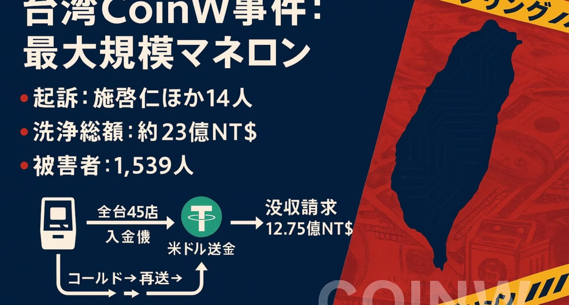 台湾CoinW事件。2025/8/22に14人起訴、被害者1,539人、洗浄総額23億NT$。押収資産はUSDT64.7万枚・現金6,049万NT$。
