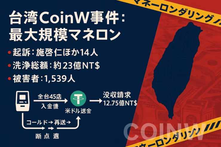 台湾CoinW事件。2025/8/22に14人起訴、被害者1,539人、洗浄総額23億NT$。押収資産はUSDT64.7万枚・現金6,049万NT$。