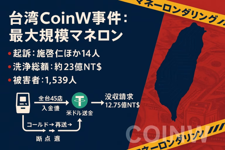 台湾CoinW事件。2025/8/22に14人起訴、被害者1,539人、洗浄総額23億NT$。押収資産はUSDT64.7万枚・現金6,049万NT$。