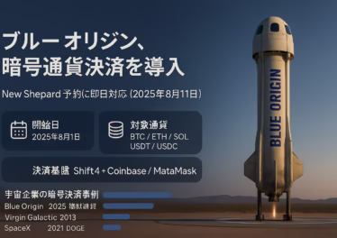ブルーオリジンが2025年8月11日からNew Shepard予約に暗号通貨決済を導入。BTC/ETH/SOL/USDT/USDC対応、Shift4経由で即時米ドル清算に対応。