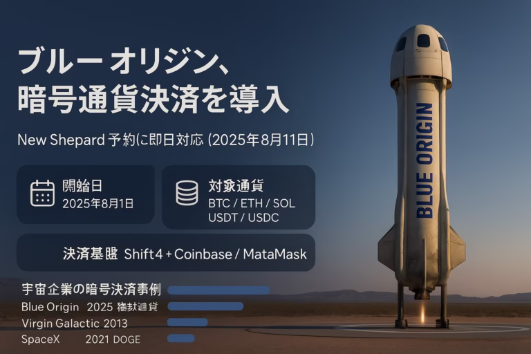 ブルーオリジンが2025年8月11日からNew Shepard予約に暗号通貨決済を導入。BTC/ETH/SOL/USDT/USDC対応、Shift4経由で即時米ドル清算に対応。