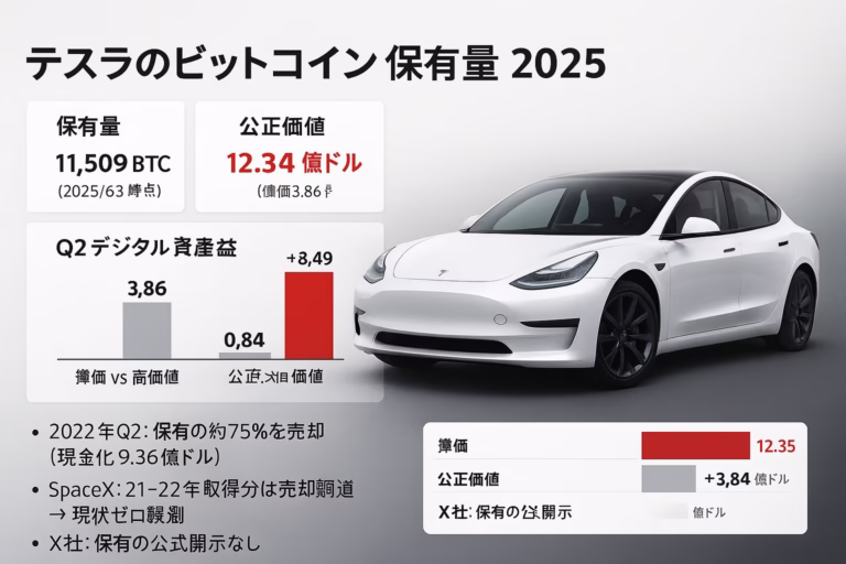 テスラBTC保有量の要点。見出し『テスラBTC保有11,509枚の現在地』。①保有11,509 BTC・公正価値12.35億ドル、②2022年Q2に75%売却で流動性確保。JST 2025/6/30時点データ。