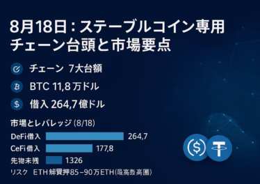 8/18 JST、BTC=$118k・ETH=$4.5k。7大ステーブルコイン専用チェーンの仕様と資金調達、Q2借入$264.7億・先物未残$1,326億を整理。
