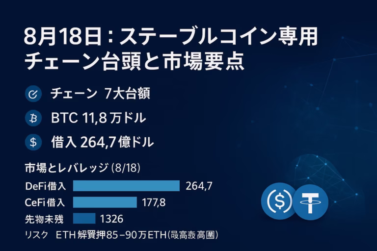 8/18 JST、BTC=$118k・ETH=$4.5k。7大ステーブルコイン専用チェーンの仕様と資金調達、Q2借入$264.7億・先物未残$1,326億を整理。