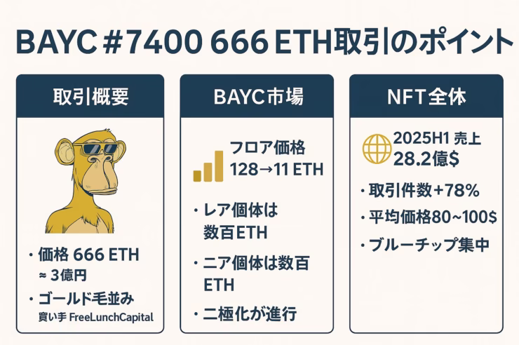 1280×670 px、白地にネイビー×ゴールドの3カラム構成。“BAYC #7940 666 ETH取引のポイント”と題し、左から〈取引概要〉〈BAYC市場〉〈NFT全体〉を解説。ゴールドのスカル／グラフ／地球アイコン、要点を箇条書き。