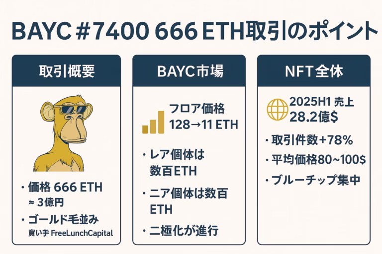 1280×670 px、白地にネイビー×ゴールドの3カラム構成。“BAYC #7940 666 ETH取引のポイント”と題し、左から〈取引概要〉〈BAYC市場〉〈NFT全体〉を解説。ゴールドのスカル／グラフ／地球アイコン、要点を箇条書き。