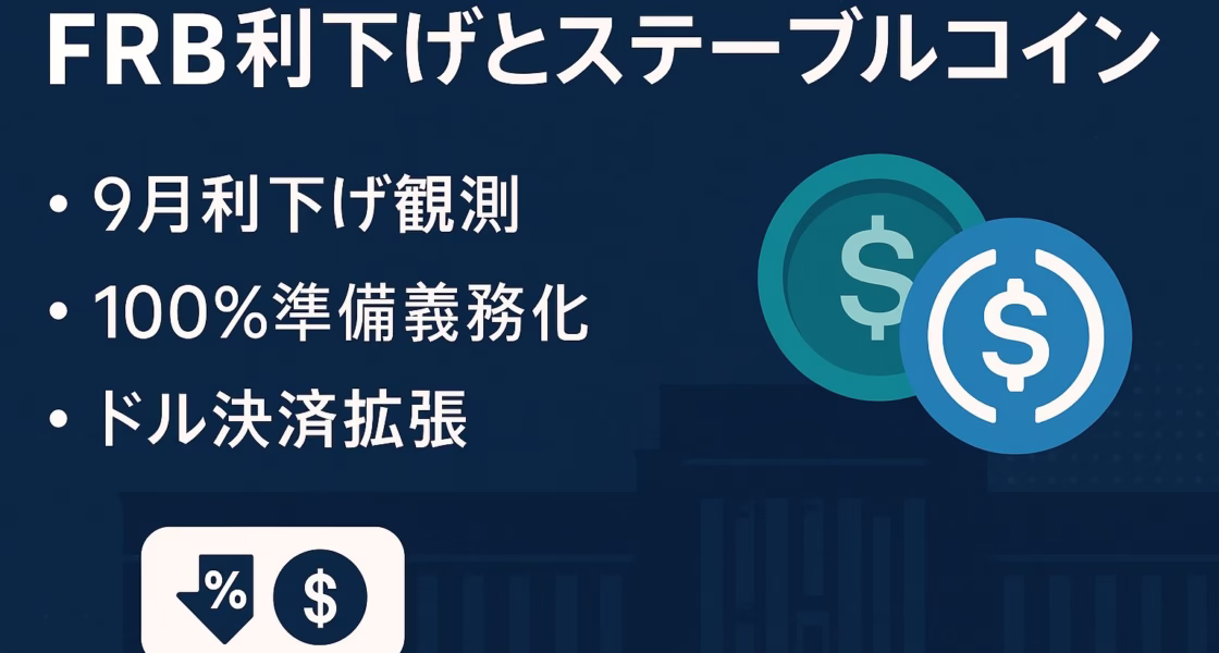 7月FOMCは9対2で据置、9月利下げ織込8〜9割。GENIUS法成立でステーブルコイン準備100%規定。JST8/21時点