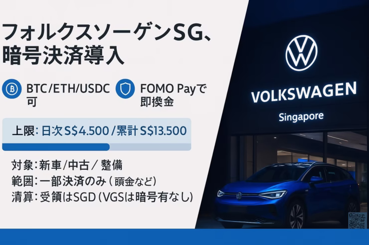 VWシンガポールが暗号資産決済導入。BTC/ETH/USDT/USDC対応、上限は1日4,500SGD・累計13,500SGD。対象は新車・中古・整備費。