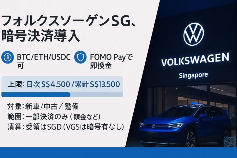 VWシンガポールが暗号資産決済導入。BTC/ETH/USDT/USDC対応、上限は1日4,500SGD・累計13,500SGD。対象は新車・中古・整備費。