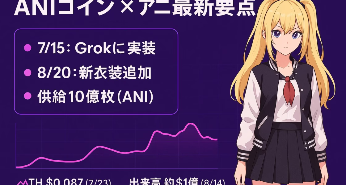 2025/8/20 JST、xAIのアニ新衣装追加とユーザー衣装構想が発表。同日、非公式ANIコイン（供給10億枚）が注目され、7/23ATH$0.087・8/14出来高1億ドルを記録。