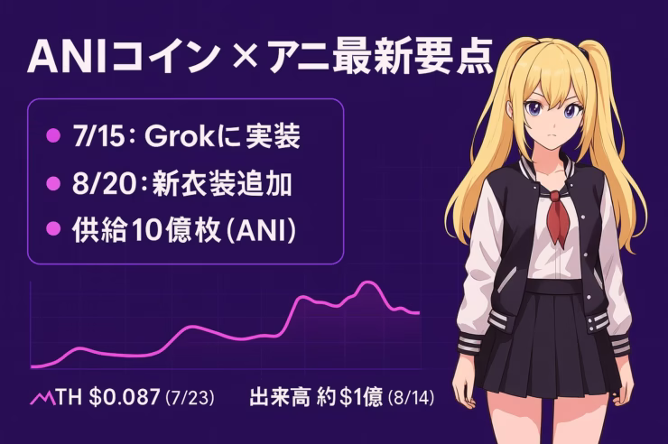 2025/8/20 JST、xAIのアニ新衣装追加とユーザー衣装構想が発表。同日、非公式ANIコイン（供給10億枚）が注目され、7/23ATH$0.087・8/14出来高1億ドルを記録。