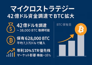 マイクロストラテジーが42億ドルを調達しビットコイン保有を拡大する概要を示す横長インフォグラフィック。タイトル、3つの主要数値（42億ドル調達で38,000 BTC取得可能、保有628,000 BTC、株価＋16%）、右側にBTC保有量の棒グラフとオレンジ色の上昇矢印を配置。濃紺背景に白文字とオレンジアクセント、セーフゾーンを確保。