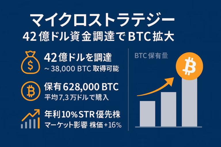 マイクロストラテジーが42億ドルを調達しビットコイン保有を拡大する概要を示す横長インフォグラフィック。タイトル、3つの主要数値（42億ドル調達で38,000 BTC取得可能、保有628,000 BTC、株価＋16%）、右側にBTC保有量の棒グラフとオレンジ色の上昇矢印を配置。濃紺背景に白文字とオレンジアクセント、セーフゾーンを確保。
