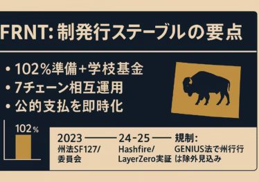FRNTは米ドル・短期国債で102%担保。7チェーン同時展開、8/19稼働。利息は学校基金へ拠出、GENIUS Act適用外の可能性。