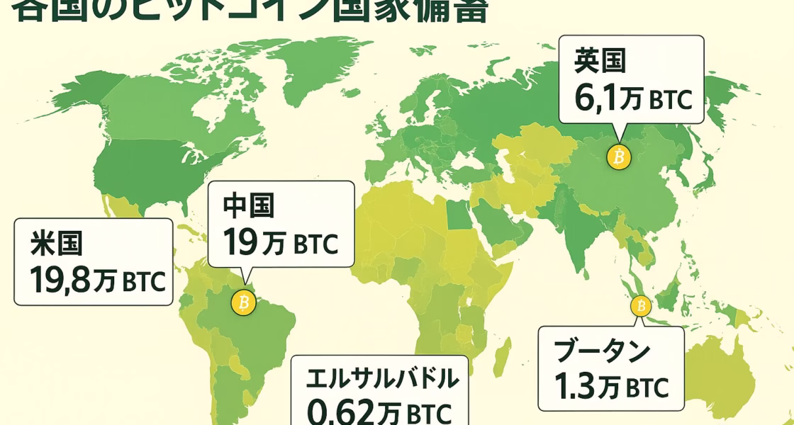 米国20万BTC・中国19万BTC・英国6.1万BTC、国家備蓄が進展。8/20ブラジルは最大5%BTC組入れ案を審議。日本は備蓄ゼロ（JST 8/21時点）。