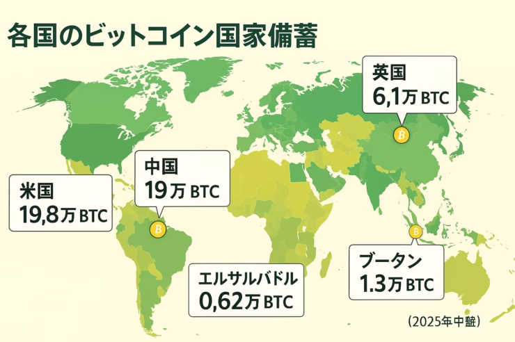 米国20万BTC・中国19万BTC・英国6.1万BTC、国家備蓄が進展。8/20ブラジルは最大5%BTC組入れ案を審議。日本は備蓄ゼロ（JST 8/21時点）。