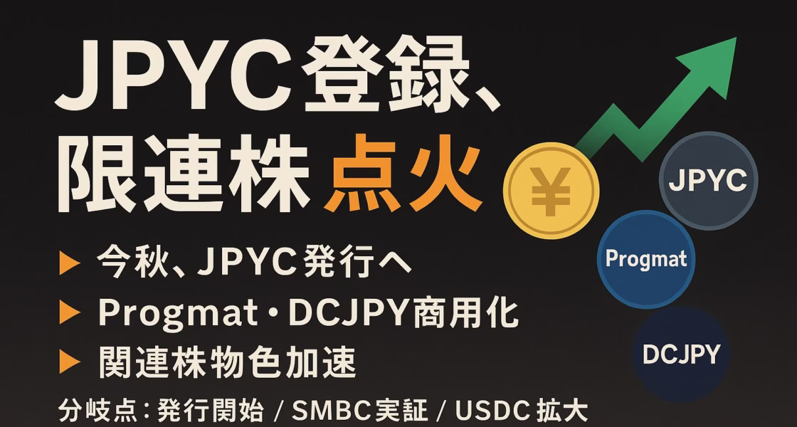JPYC登録（2025/08）で今秋の発行が現実味。Progmat Coin/DCJPYも商用進展。関連は発行・基盤・金融の三層。JST 2025/08/22 14:30 基準。