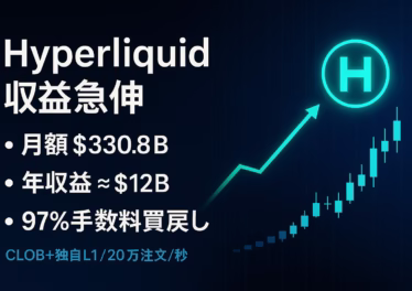 2025年7月のHyperliquid取引高は3,308億ドルでRobinhood比+39%。年換算収益は約11.99億ドル、1人あたり収益は約1.06億ドル（2025-08-26 JST）。