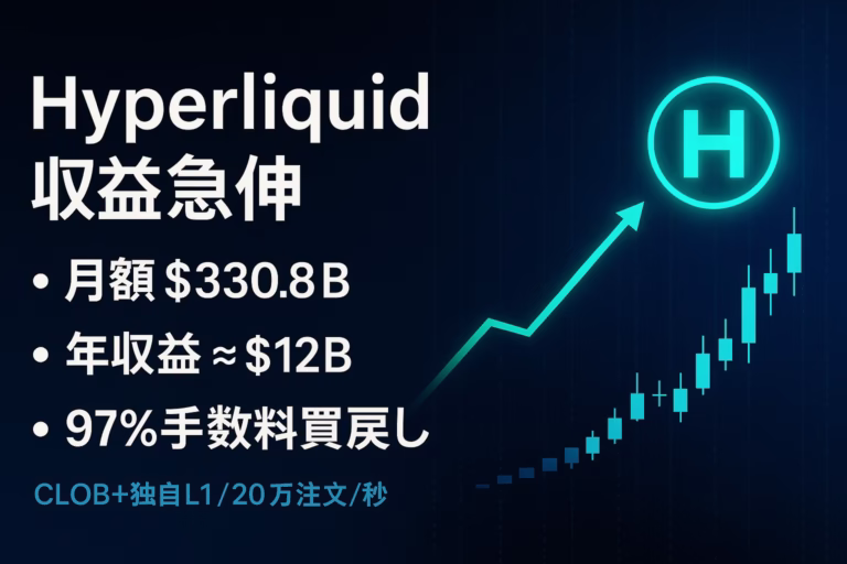 2025年7月のHyperliquid取引高は3,308億ドルでRobinhood比+39%。年換算収益は約11.99億ドル、1人あたり収益は約1.06億ドル（2025-08-26 JST）。