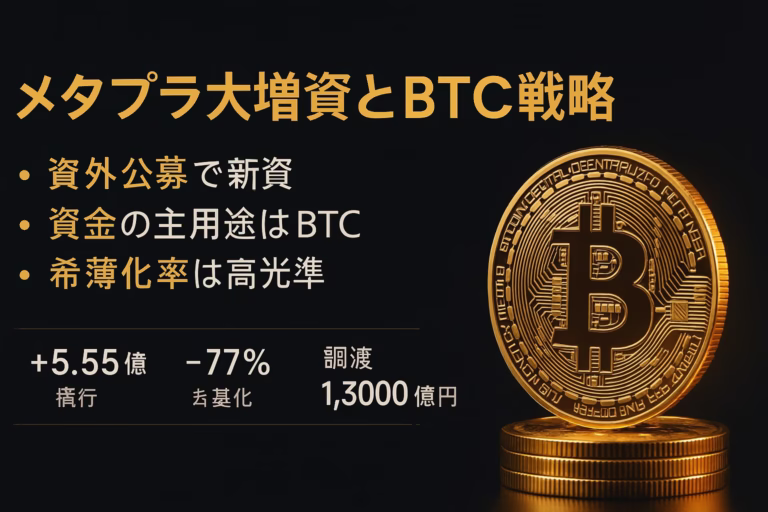 メタプラネットが海外公募で最大5.55億株増資、手取1,303億円の95%をBTC購入に充当。希薄化率は最大76.9%、価格決定は2025/9/9〜11予定。