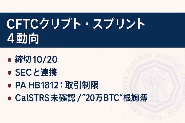 米CFTCが8/21にCrypto Sprint開始、意見募集10/20まで。CalSTRS報道は未確認、PA州HB1812は最大$50k罰則。エリック氏20万BTC発言は根拠薄。