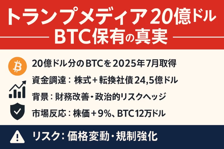 赤・紺・白のトリコロールで“トランプメディア20億ドルBTC保有の実”と大見出し。左列にビットコイン・矢印・盾アイコン、右列に①20億ドル分のBTC取得②資金調達24.5億③財務改善・リスクヘッジ④株価+9％・BTC12万ドル⑤リスク：価格変動・規制強化──を日本語で箇条書きした横長インフォグラフィック。