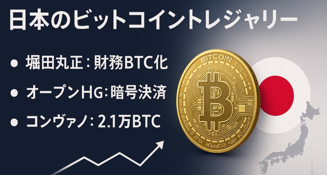 堀田丸正・オープンハウスG・コンヴァノの暗号資産転換。日付（1/31・3/21・8/6・8/12）と数量（20億円・21,000BTC）で株価急騰。
