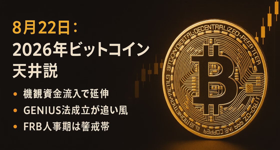 2026年BTC天井説。ETF流入とFRB任期で延伸観測。YZY急騰急落、ETHは$4,100割れ。GENIUS法成立で安定通貨も注目（8/22 JST）。