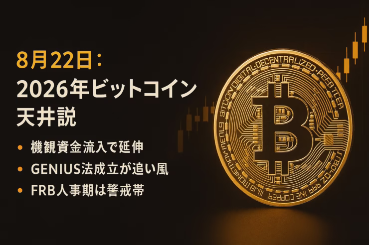 2026年BTC天井説。ETF流入とFRB任期で延伸観測。YZY急騰急落、ETHは$4,100割れ。GENIUS法成立で安定通貨も注目（8/22 JST）。