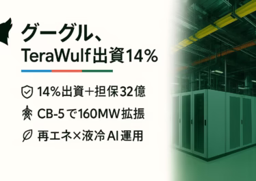 グーグルがTeraWulf出資を14%に拡大。FluidstackのCB-5（160MW）追加で総負荷360MW、担保総額32億ドル。JST 2025/8/19発表。