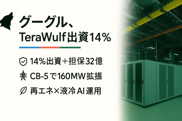 グーグルがTeraWulf出資を14%に拡大。FluidstackのCB-5（160MW）追加で総負荷360MW、担保総額32億ドル。JST 2025/8/19発表。