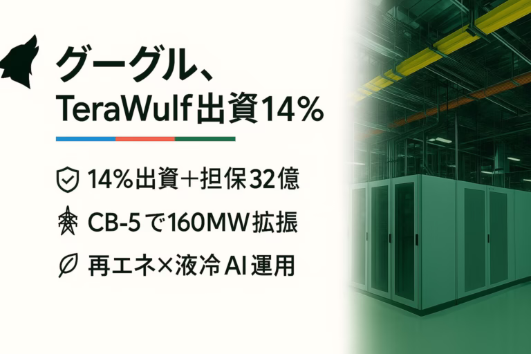 グーグルがTeraWulf出資を14%に拡大。FluidstackのCB-5（160MW）追加で総負荷360MW、担保総額32億ドル。JST 2025/8/19発表。