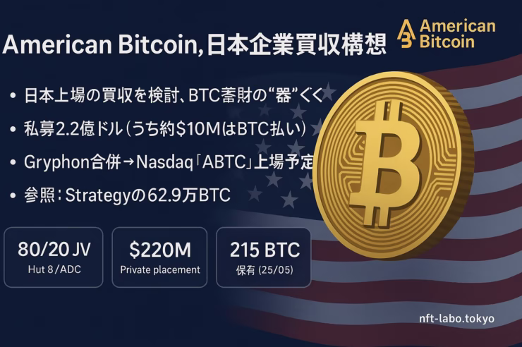 American Bitcoin日本企業買収構想。合弁比率80:20、資金調達2.2億ドル（BTC払い1,000万ドル）、Q3にNasdaq「ABTC」上場予定。JST2025/8/15発表に基づく。