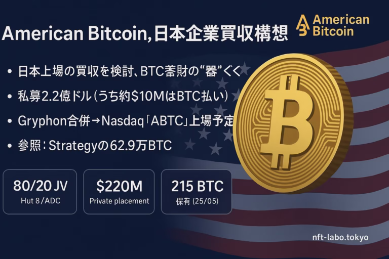 American Bitcoin日本企業買収構想。合弁比率80:20、資金調達2.2億ドル（BTC払い1,000万ドル）、Q3にNasdaq「ABTC」上場予定。JST2025/8/15発表に基づく。