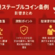 香港の安定コイン（ステーブルコイン）条例の影響を3列で図解した赤と金の横長インフォグラフィック。