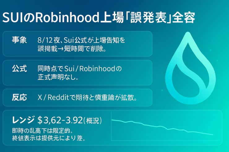 SUIのRobinhood上場誤発表。8/12夜に短時間公開→削除。価格は$3.7〜$3.9で推移、影響限定的（JST 23:30時点）。