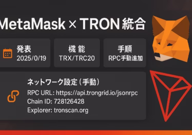 2025/8/19発表、MetaMaskがTRONをネイティブ統合。TRX・TRC20送受金やDApp接続が可能に。ChainID 728126428／TVL260億ドル超。