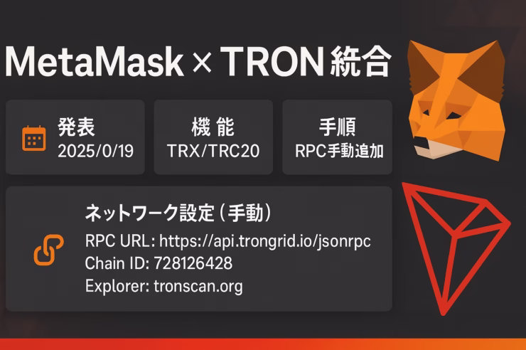 2025/8/19発表、MetaMaskがTRONをネイティブ統合。TRX・TRC20送受金やDApp接続が可能に。ChainID 728126428／TVL260億ドル超。