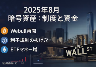 2025年8月、Webullが米国で暗号資産取引を再開（50銘柄）。同月24日にBTCは一時11万ドル割れ、約5.5億ドル清算。制度と資金の両面に注目。