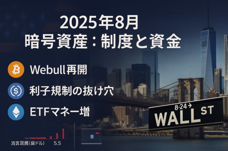 2025年8月、Webullが米国で暗号資産取引を再開（50銘柄）。同月24日にBTCは一時11万ドル割れ、約5.5億ドル清算。制度と資金の両面に注目。