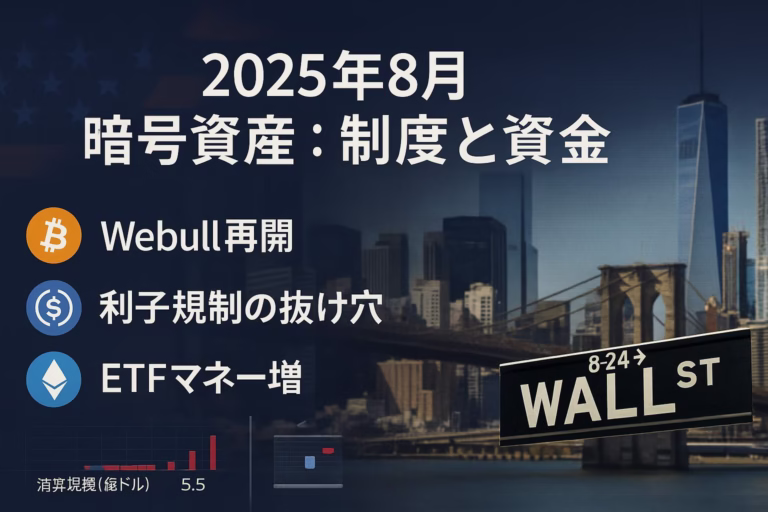 2025年8月、Webullが米国で暗号資産取引を再開（50銘柄）。同月24日にBTCは一時11万ドル割れ、約5.5億ドル清算。制度と資金の両面に注目。