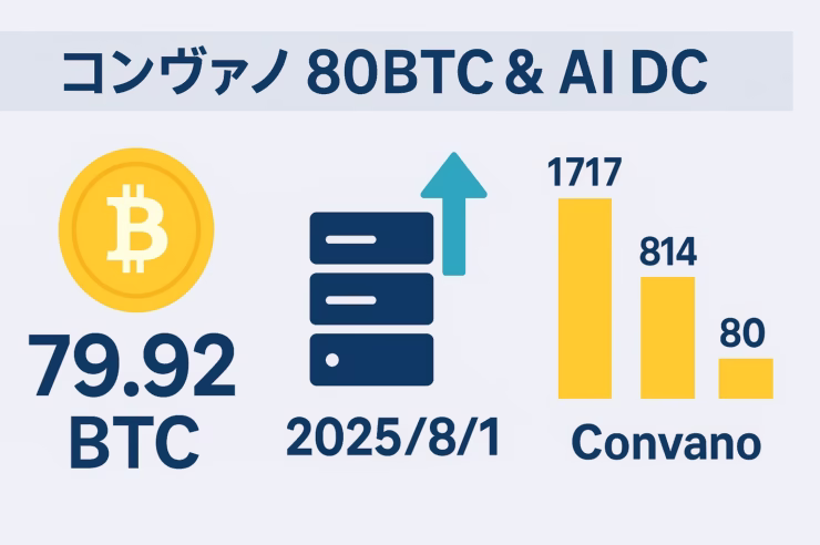 コンヴァノ 80BTC & AI DC を大アイコンと数字だけで表現した横長インフォグラフィック（1280×670px、ブルー＆イエロー基調）。