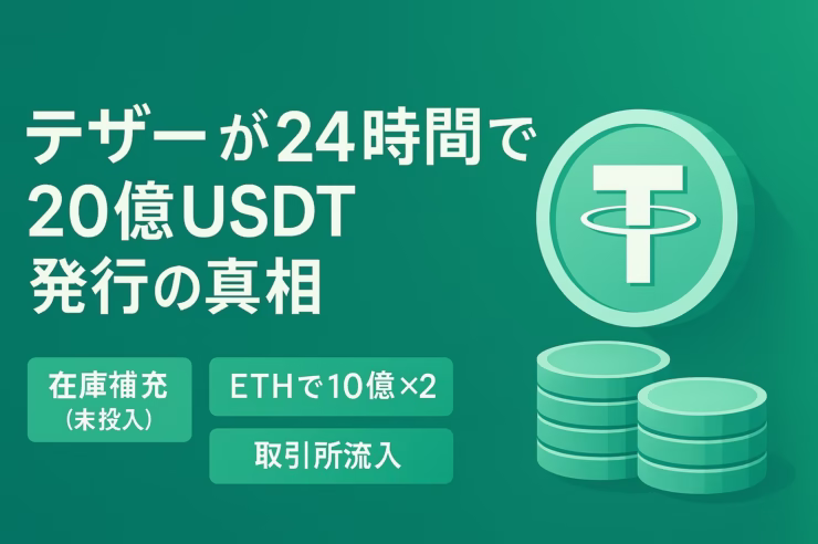 テザーが8/27-28で20億USDT発行。CEOは在庫補充と説明、Binanceへ10億送金も確認。USDTシェア60%、BTC11.3万ドル前後（2025年8月29日JST）。