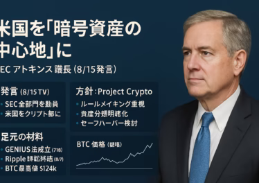 SEC議長アトキンスが「米国を暗号資産の首都に」と発言。ポイントは①全ての部門を動員②訴訟からルール形成へ転換。BTC価格11万ドル台（JST 8/15）を背景にした規制方針の大転換。