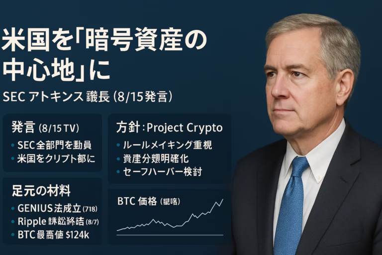 SEC議長アトキンスが「米国を暗号資産の首都に」と発言。ポイントは①全ての部門を動員②訴訟からルール形成へ転換。BTC価格11万ドル台（JST 8/15）を背景にした規制方針の大転換。
