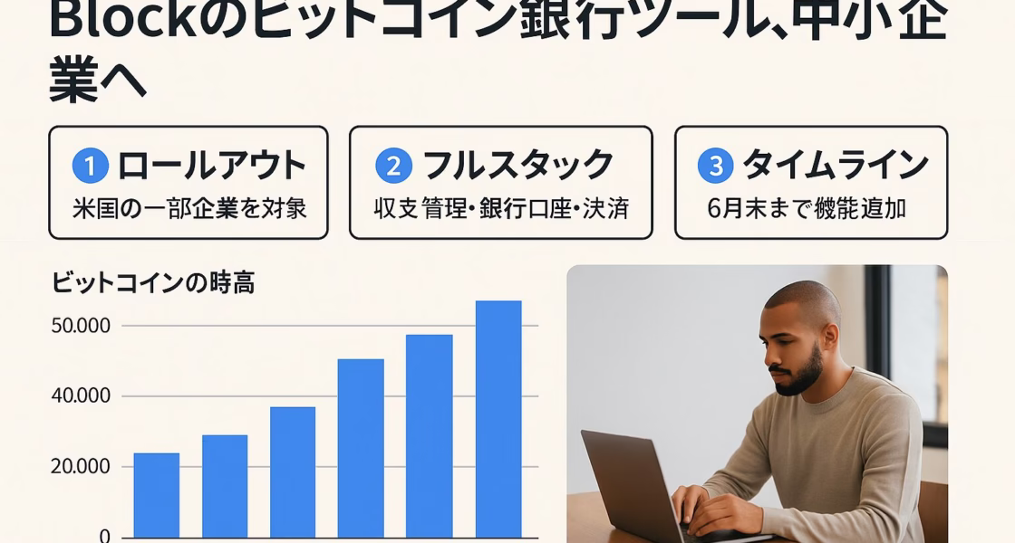 Blockが中小企業向けにBTC銀行ツール導入。Lightning決済と会計・換金・税務を一体化。2025年後半開始、2026年全加盟店対応目標（JST 8/11発表）。